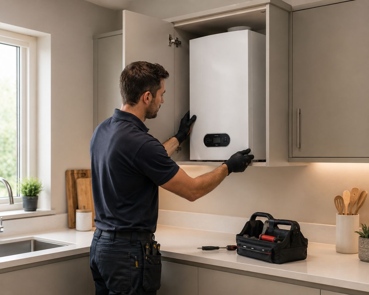 CORGI engineer installing a boiler in a kitchen